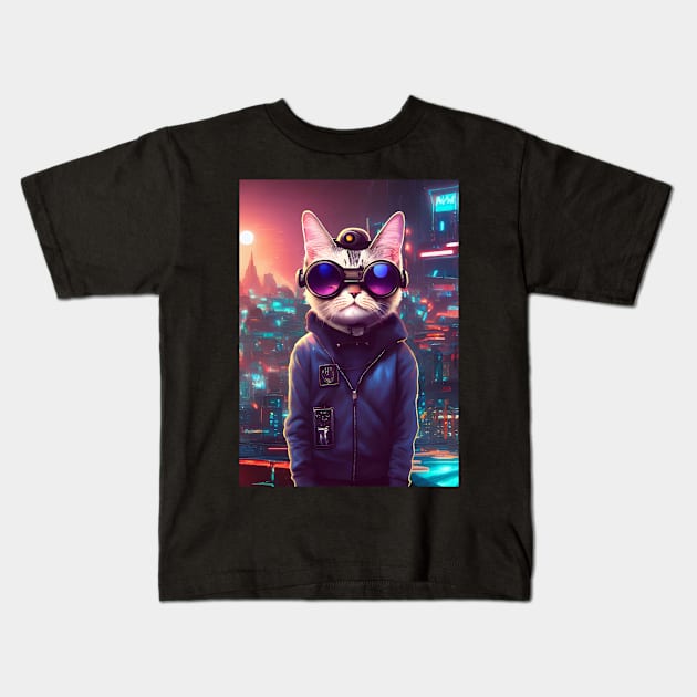 Cool Japanese Techno Cat In Japan Neon City Kids T-Shirt by star trek fanart and more